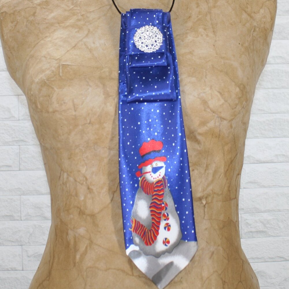 UPCYCLED Neck Tie Necklace Brooch Christmas Snowman Holiday Accessory Red Blue
